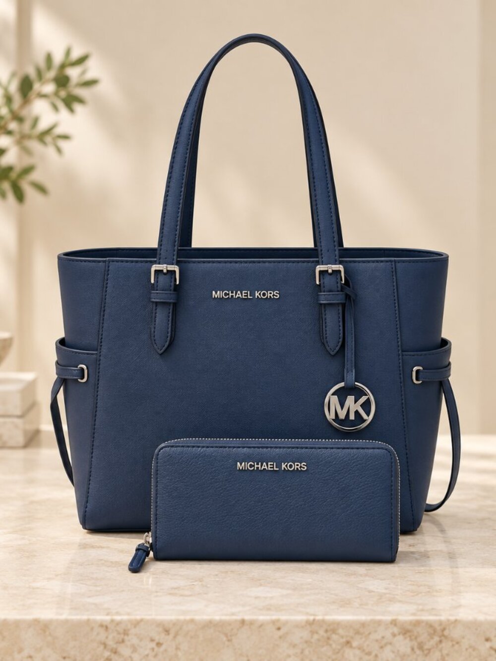 Michael Kors Gilly Large Tote & Continental Wallet Navy Saffiano NWT